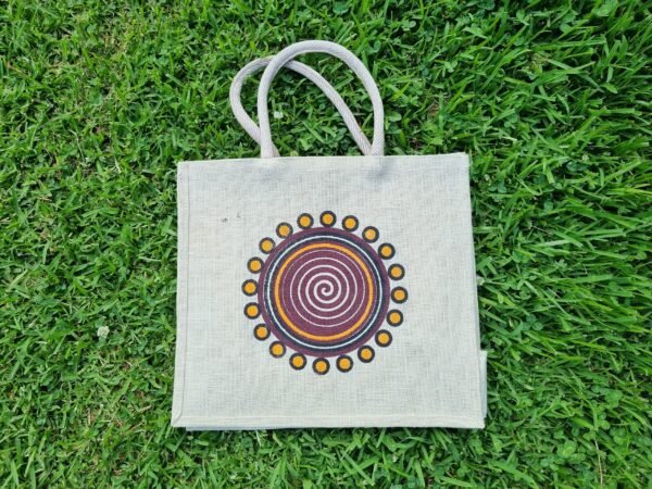 abo2-d Large jute tote bags with Spiralling Elegance design - sand colour – eco-friendly, reusable, and perfect for shopping. Shipping across Australia. Bulk custom print available.