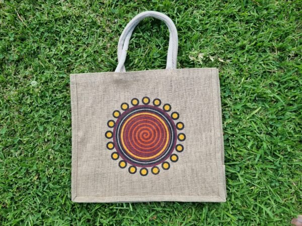 abo2-n Large jute tote bags with Spiralling Elegance design -natural beige colours – eco-friendly, reusable, and perfect for shopping. Shipping across Australia. Bulk custom print available.