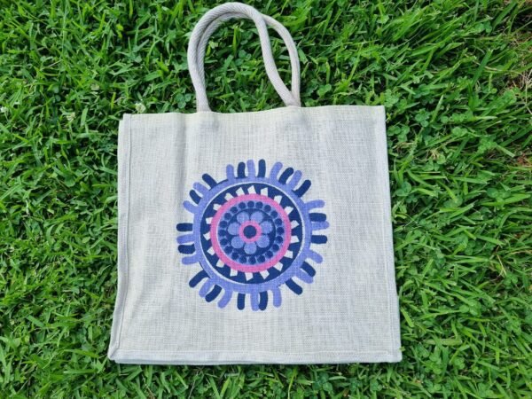 abo3-d Large jute tote bags with mystic flower design - sand colour – eco-friendly, reusable, and perfect for shopping. Shipping across Australia. Bulk custom print available.
