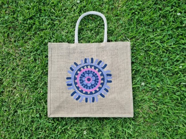 abo3-n Large jute tote bags with mystic flower design - natural beige colour – eco-friendly, reusable, and perfect for shopping. Shipping across Australia. Bulk custom print available.
