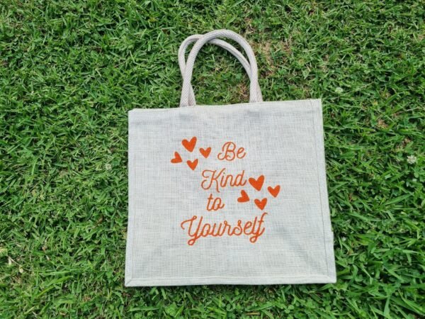 be-kind-d Large jute tote bags with Heartfelt uplifting “Be Kind to Yourself” design - Sand colour – eco-friendly, reusable, and perfect for shopping. Shipping across Australia. Bulk custom print available.