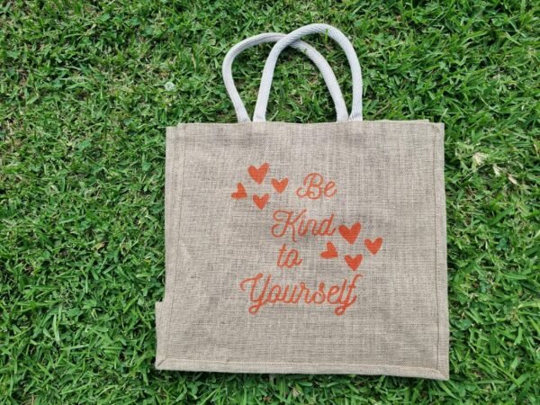 be-kind-n Large jute tote bags with Heartfelt uplifting “Be Kind to Yourself” design - natural beige colour – eco-friendly, reusable, and perfect for shopping. Shipping across Australia. Bulk custom print available.