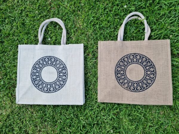 celtic2-both Large jute tote bags with celtic circles design - 2 bag colours – eco-friendly, reusable.
