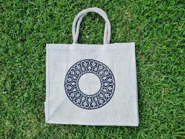celtic2-d Large jute tote bags with celtic circles design - Sand colour – eco-friendly, reusable.