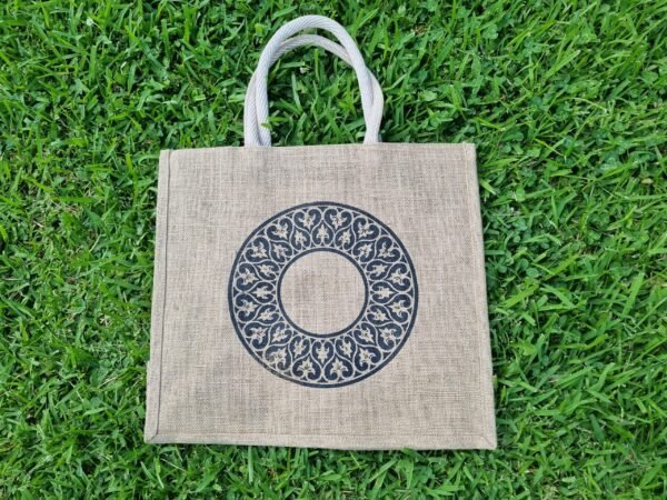 celtic2-n Large jute tote bags with celtic circles design - natural beige colour – eco-friendly, reusable.