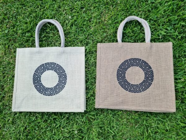 celtic3-both Large jute tote bags with celtic maze design - 2 bag colours – eco-friendly, reusable.