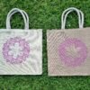 Large jute tote bags with floral wreath design - 2 bag colours – eco-friendly, reusable.