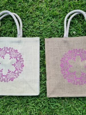 Large jute tote bags with floral wreath design - 2 bag colours – eco-friendly, reusable.