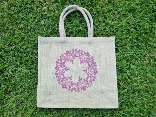 floral1-d Large jute tote bags with floral wreath design - Sand colour – eco-friendly, reusable.