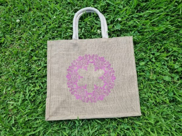 floral1-n Large jute tote bags with floral wreath design - natural beige colour – eco-friendly, reusable.