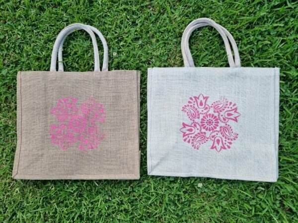 floral2-both Large jute tote bags with paisley floral design - 2 bag colours – eco-friendly, reusable.