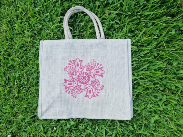 floral2-d Large jute tote bags with paisley floral design - Sand colour – eco-friendly, reusable.
