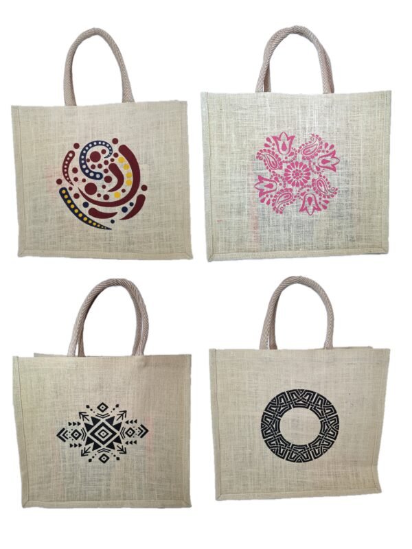 save more by buying 4 assorted set of designer eco-friendly jute bags. versatile, strong, reusable, suitable for daily use. Shipping across Australia